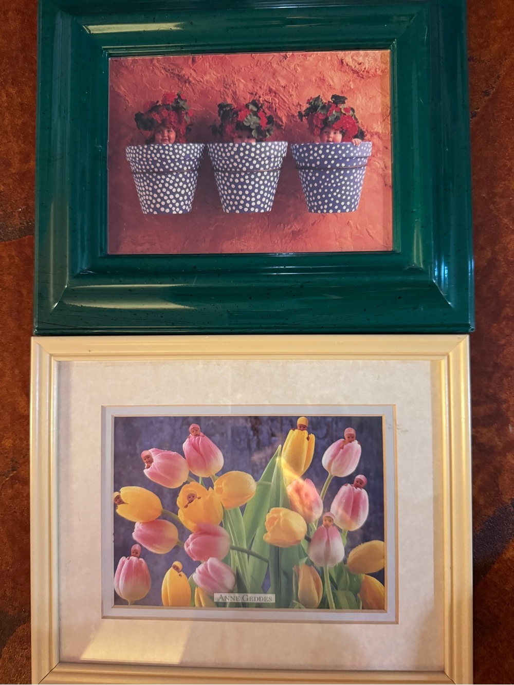 Two 5x7 Anne Geddes baby prints in frames, tulip babies and flower pot babies ￼